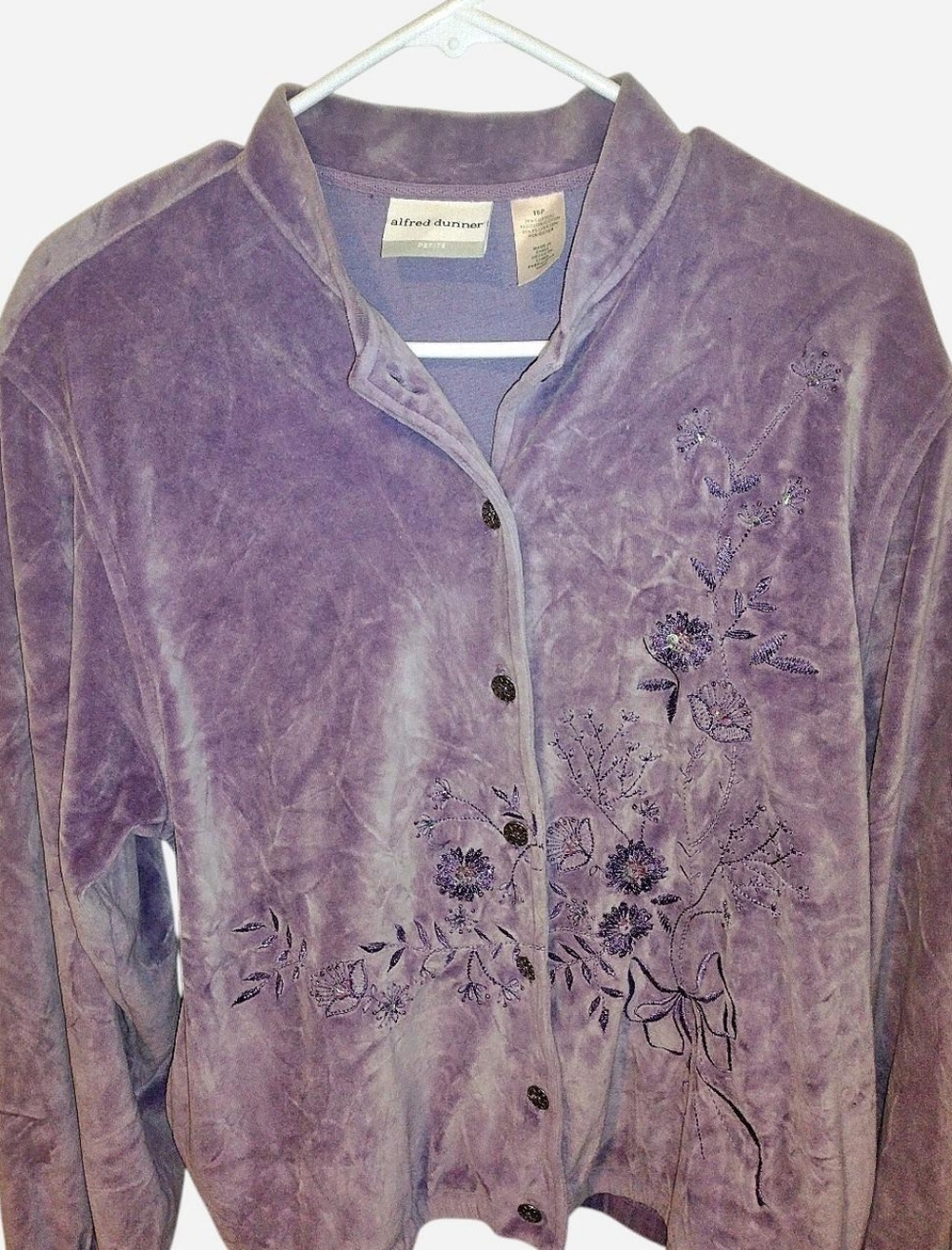 Alfred Dunner Purple Velvet Embroidered Button-Up Jacket